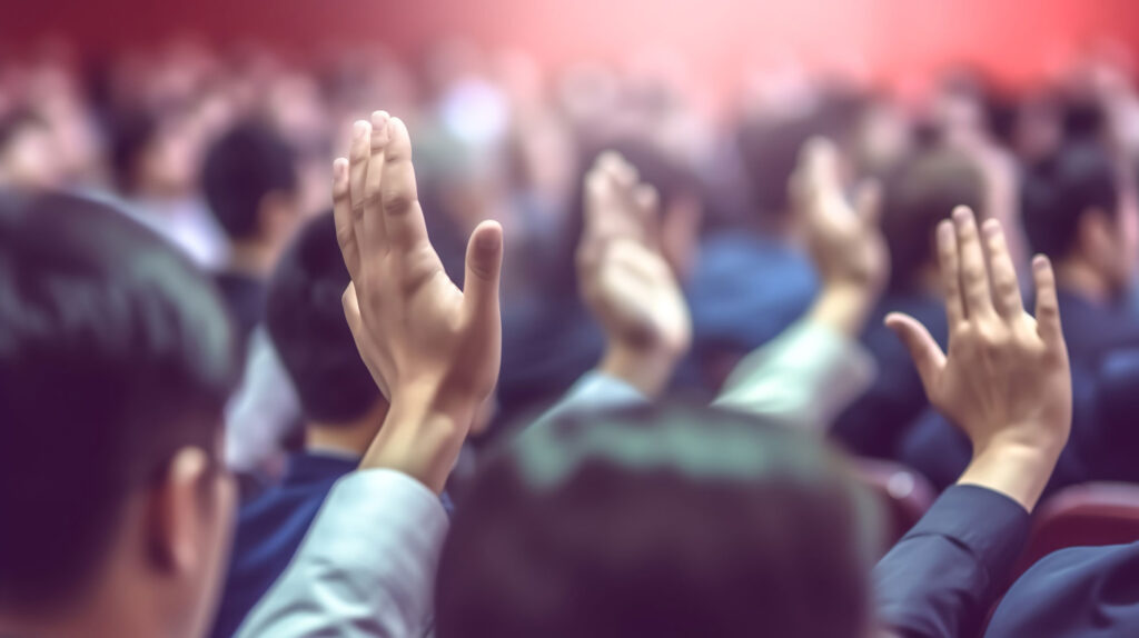 Stock image of hands raised, for SAC advocacy work