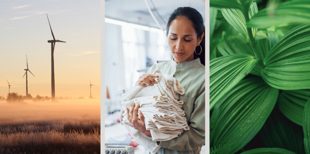 Three photos in columns of wind mills, a girl in a fabric factory and green leaves