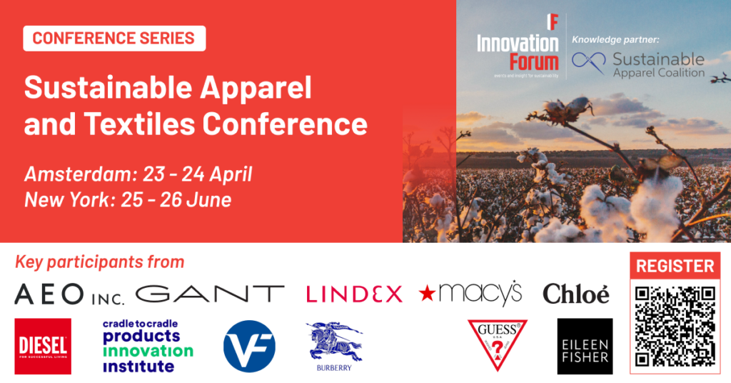 A red promotional ad for Innovation Forum's Sustainable Apparel and Textiles Conference 2024