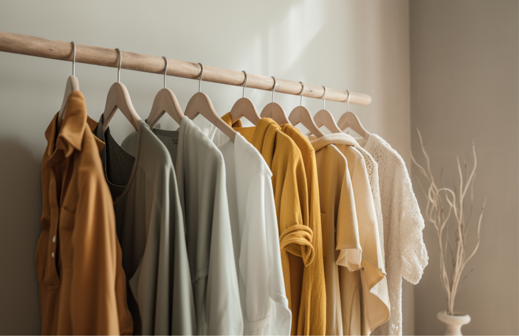 Earth-toned clothes hanging on a rack