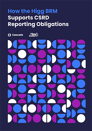 Navy blue cover with semi circle shapes in blue, purple and white. Cover image for the Higg BRM CSRD white paper publication.