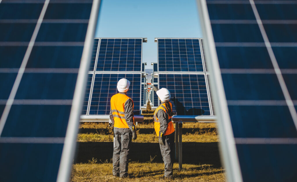 Two people in high vis vests and hard hats walk in a solar panel field