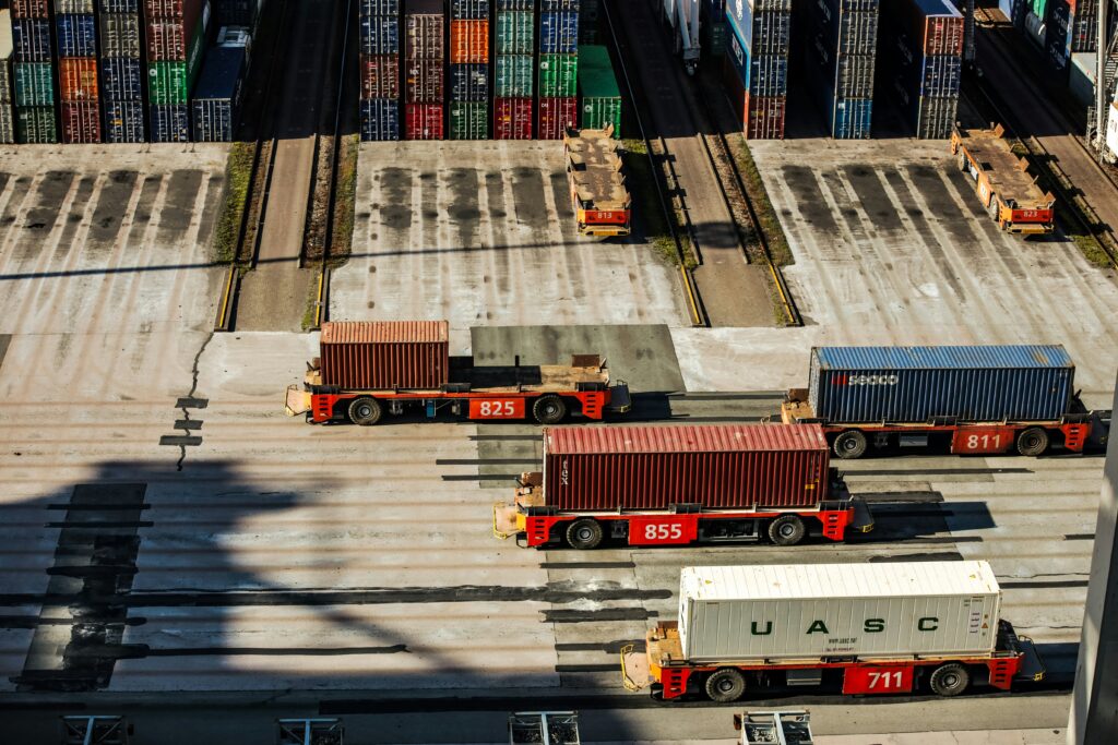 Large shipping containers at a port