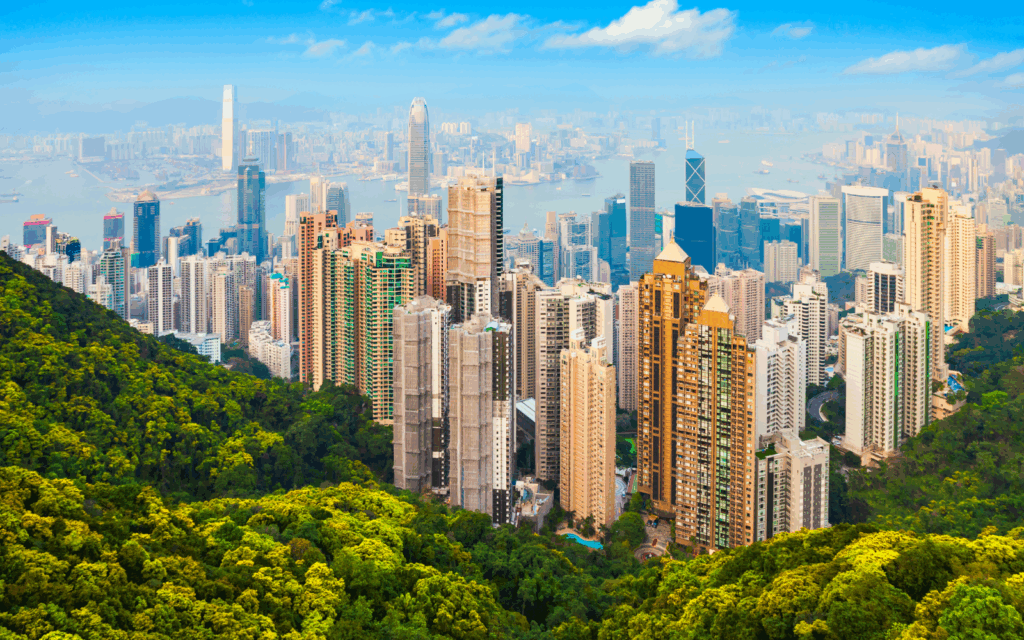 Hong Kong skyline with green mountails