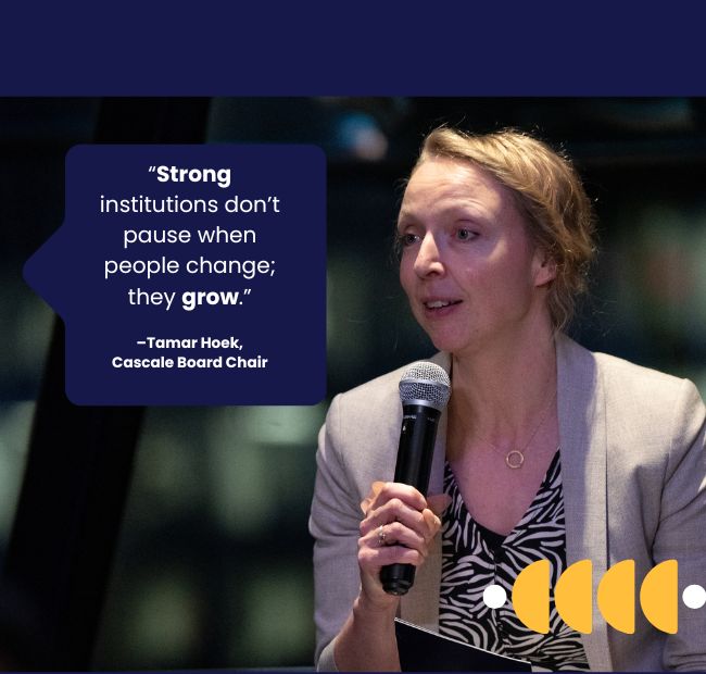 Feature Image: Tamar Hoek, Cascale Board Chair, reflects on Cascale CEO transitions. Here she is pictured with a microphone at the London rebrand event.