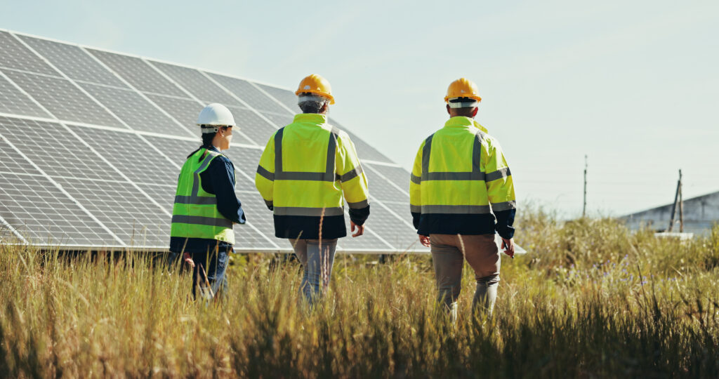 Solar panels, team and inspection with people in nature for photovoltaic grid, renewable energy or power generator. Sustainability, electric system or technician with engineer in outdoor for project.